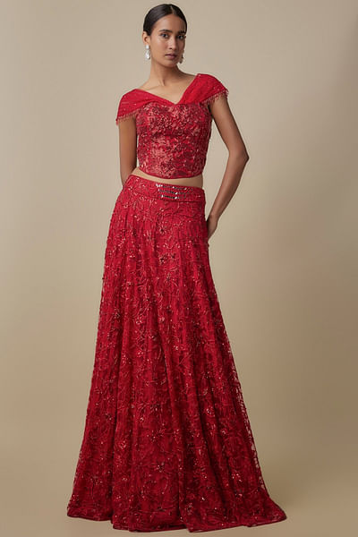 Red bead embroidered lehenga set