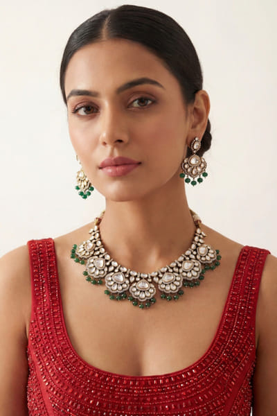 Zevar By Geeta Green and white polki necklace set ZEVAJUN26D347715