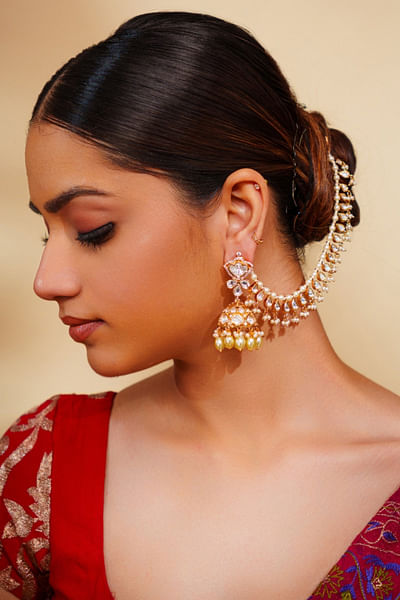 Gold kundan polki embellished ear chains