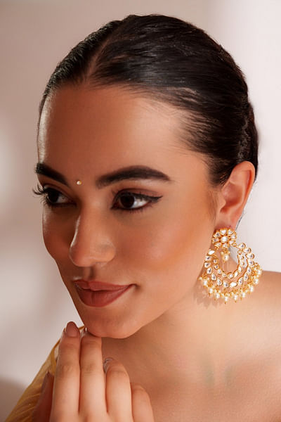 Gold kundan and polki chandbali earrings