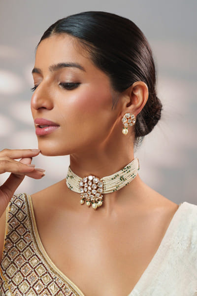 Green stone and pearl kundan choker set