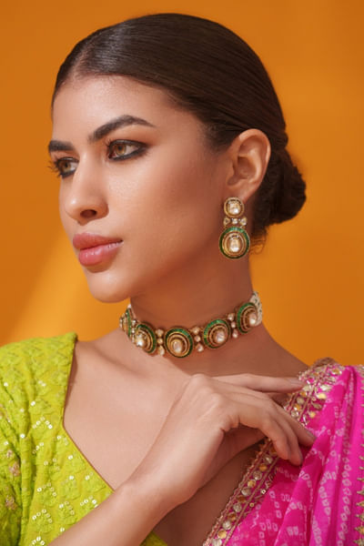 Green stone embellished necklace set