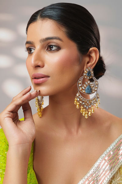 Gold finish blue stone kundan earrings