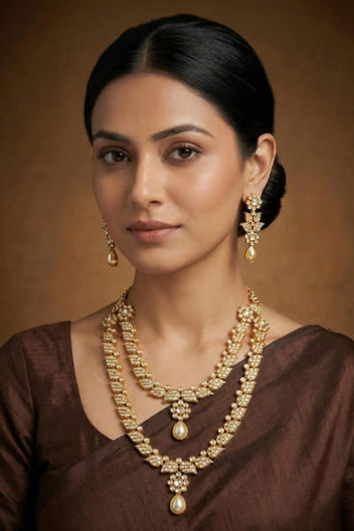 Zevar By Geeta Gold and white jadau embellished necklace set ZEVAJUN26D246395