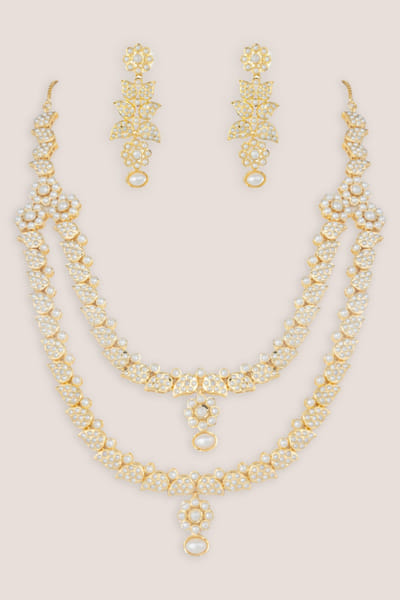 Zevar By Geeta Gold and white jadau embellished necklace set ZEVAJUN26D246395