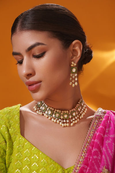 Green kundan and polki necklace set