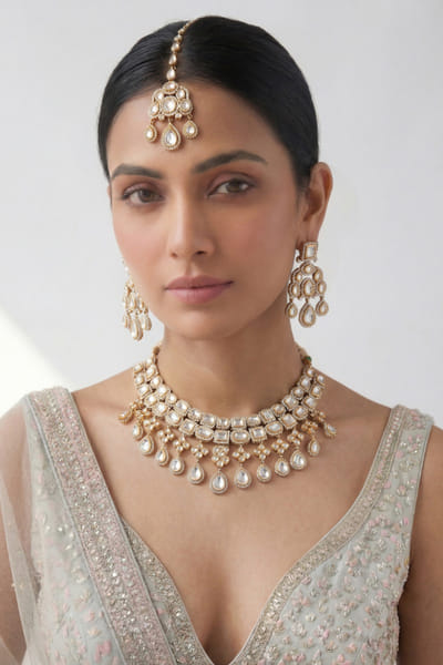 Zevar By Geeta Gold and white stone embellished necklace set ZEVAJUN26D347720