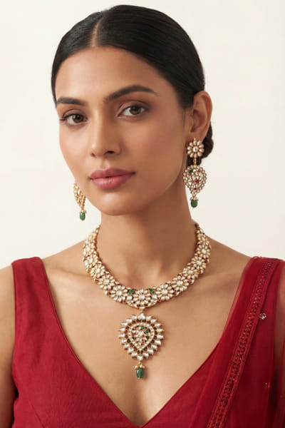 Zevar By Geeta White and green kundan necklace set ZEVAJUN26D347714