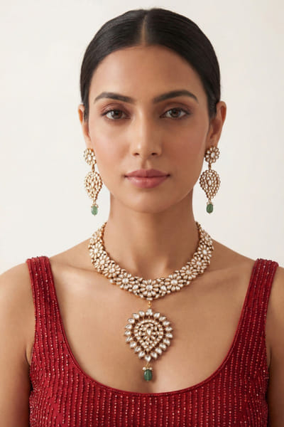 Zevar By Geeta Gold and white kundan necklace set ZEVAJUN26D347713