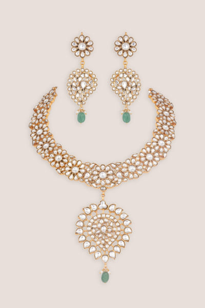 Zevar By Geeta Gold and white kundan necklace set ZEVAJUN26D347713