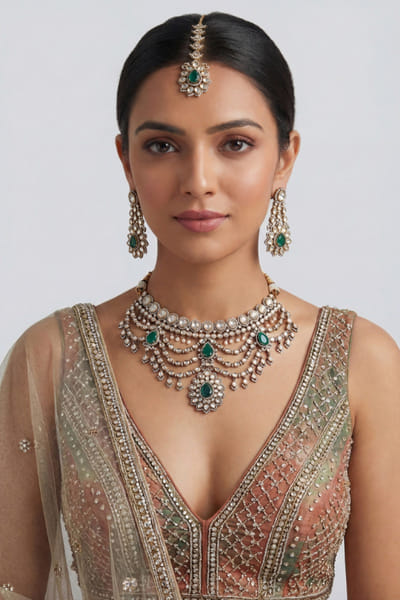 Zevar By Geeta Green and gold polki choker set ZEVFEB26D139749