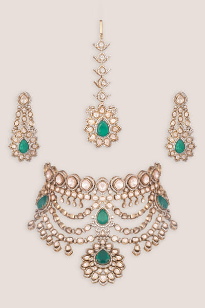 Zevar By Geeta Green and gold polki choker set ZEVFEB26D139749