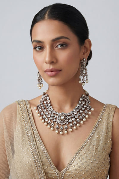 Zevar By Geeta Green and white stone embellished necklace set ZEVAJUN26D347718