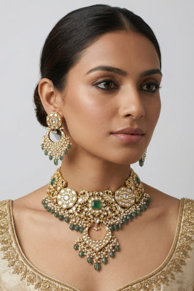 Zevar By Geeta Green and white kundan polki necklace set ZEVAJUN26D246393