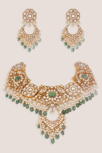 Zevar By Geeta Green and white kundan polki necklace set ZEVAJUN26D246393
