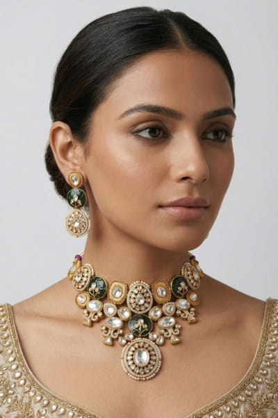 Zevar By Geeta Green and white embellished choker set ZEVAJUN26D246385