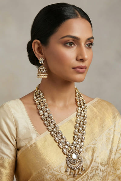 Zevar By Geeta Gold and white embellished necklace set ZEVAJUN26D246402