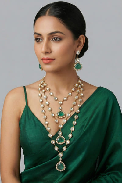 Zevar By Geeta Gold and green kundan polki necklace set ZEVAJUN26D146015