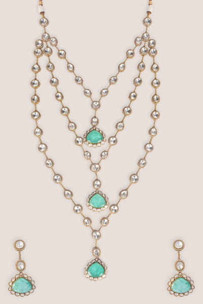 Zevar By Geeta Gold and green kundan polki necklace set ZEVAJUN26D146015