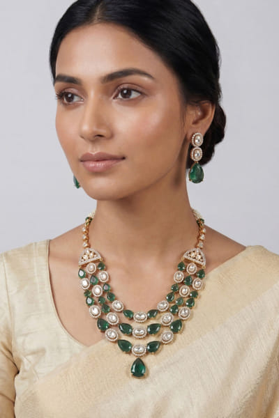 Zevar By Geeta Gold and green polki necklace set ZEVAJUN26D146025