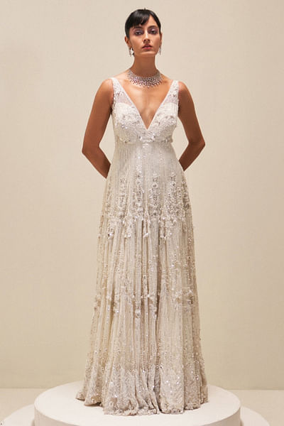 White embroidered net gown