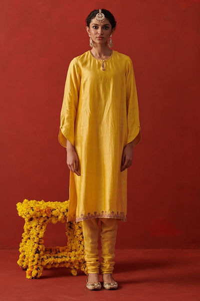 Yellow sequin embroidered kurta set