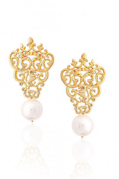 Gold plated carved pearl drop earrings
