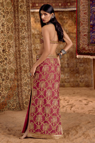 Nitika Bali Peach pink print embroidered skirt set NITIAUG26D152275