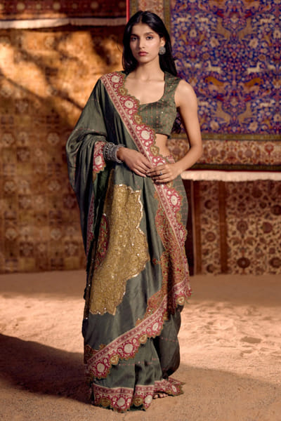 Nitika Bali Green print embroidered sari set NITIAUG26D152283