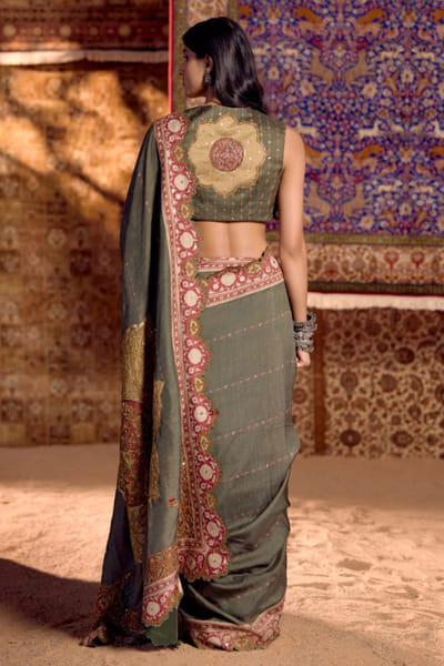 Nitika Bali Green print embroidered sari set NITIAUG26D152283