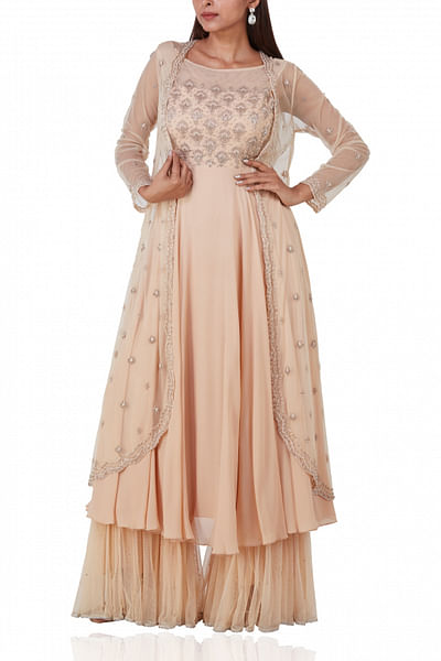 Peach dress with sharara and embroidered jacket
