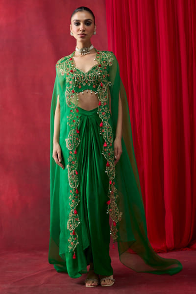 Green embroidered organza cape set