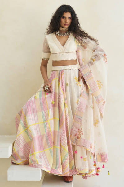 White hand block printed v-neck blouse