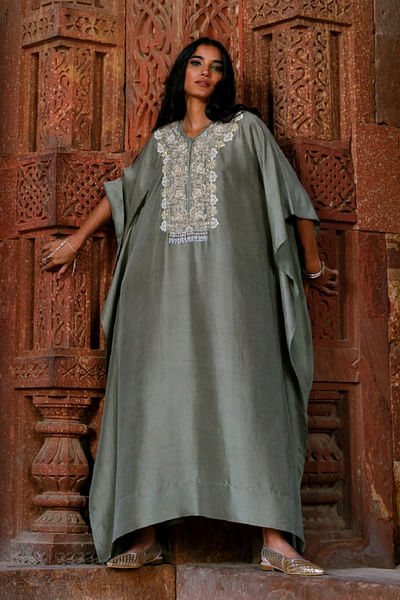 Mint green zardozi embroidered kaftan