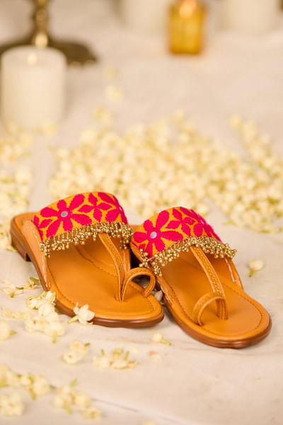 Mustard floral gota patti-beaded kolhapuris