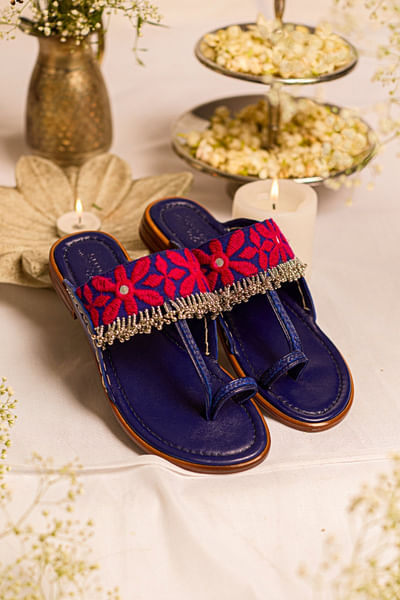 Deep blue floral thread and bead kolhapuris