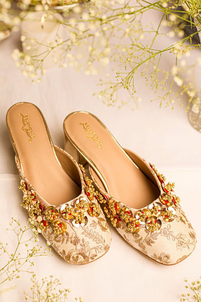 Off-white gold floral sequin-bead mule heels