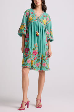 aqua floral embroidered dress Elegant Aqua Floral Printed Off-Shoulder Prom Dress YE3022 – yewendress main image 1
