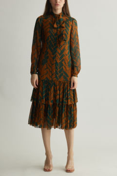 Buy Rust and green chevron printed midi dress by KoAi at Aashni and Co