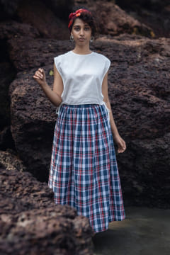 Blue and white Madras check wrap skirt